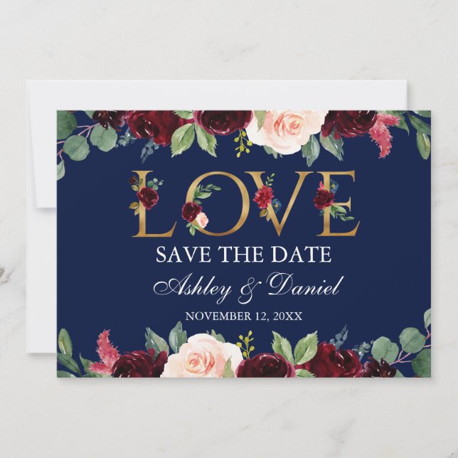 Watercolor Blue Burgundy Floral Love Save The Date (Front)