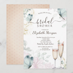 Watercolor Blue Butterflies Champagne Glass  Invitation