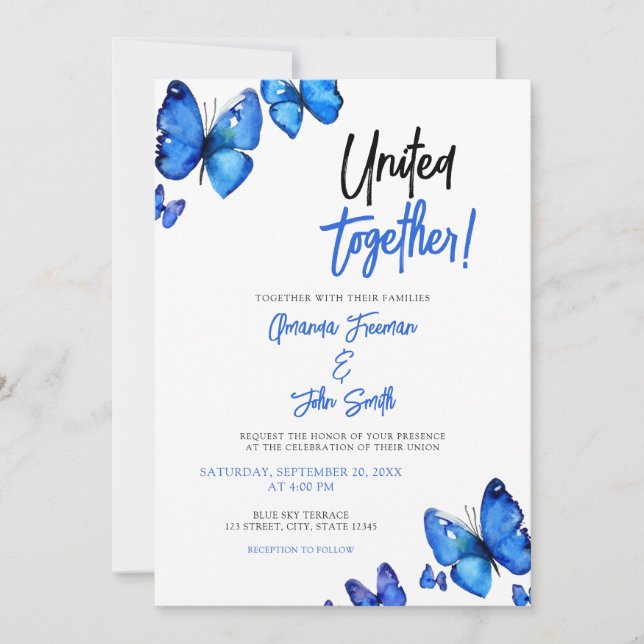 Watercolor Blue Butterflies Chic Wedding Invitation (Front)