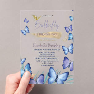 Watercolor Blue Butterflies Rainbow Birthday Acrylic Invitations