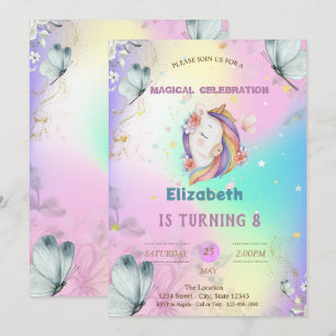 Watercolor Blue Butterflies Unicorn Holographic Invitation