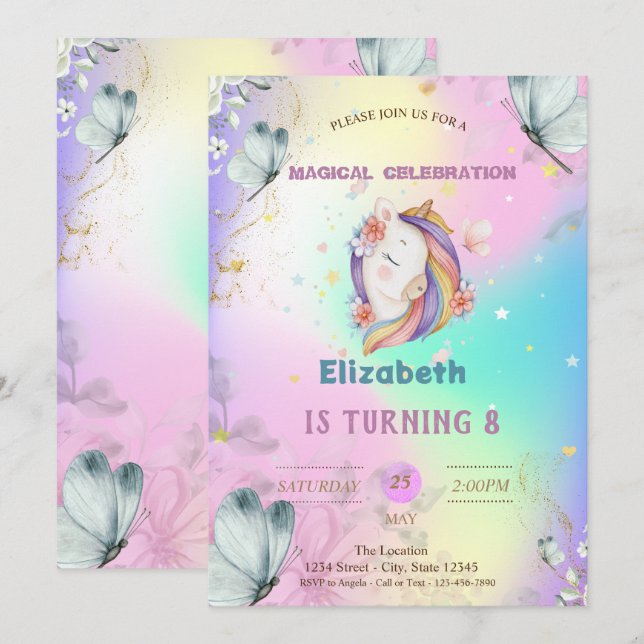 Watercolor Blue Butterflies Unicorn Holographic  Invitation (Front/Back)