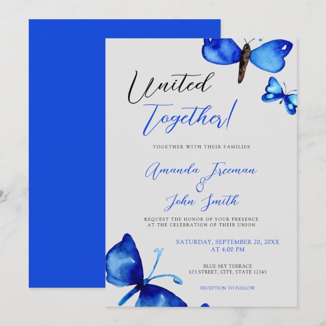 Watercolor Blue Butterflies Vibrant Wedding Invitation (Front/Back)