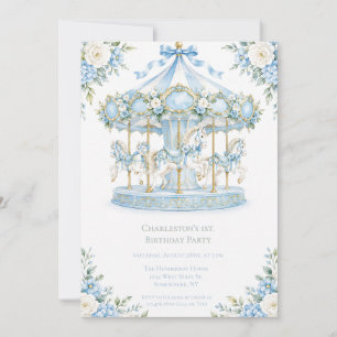Watercolor Blue Carousel Boy 1st. Birthday Party Invitation