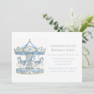 Watercolor Blue Carousel Boy 1st. Birthday Party Invitation
