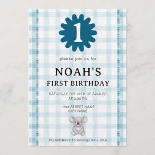 Watercolor Blue Check Koala Birthday Invitation