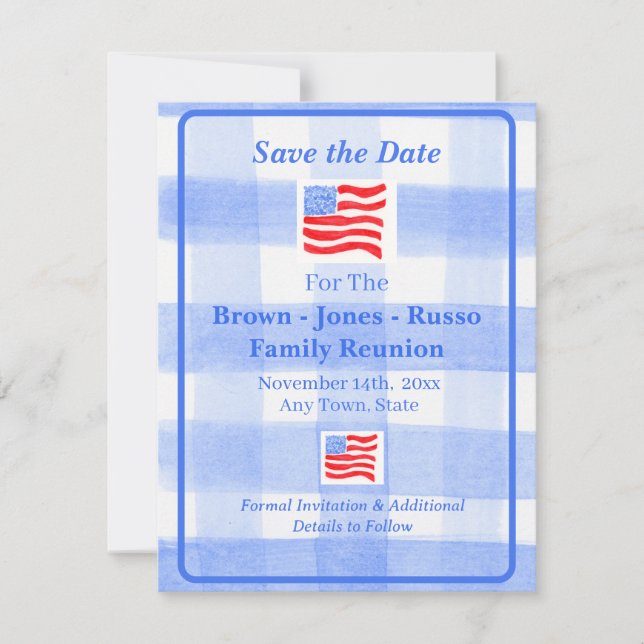 Watercolor Blue Check USA Flag SAVE THE DATE (Front)