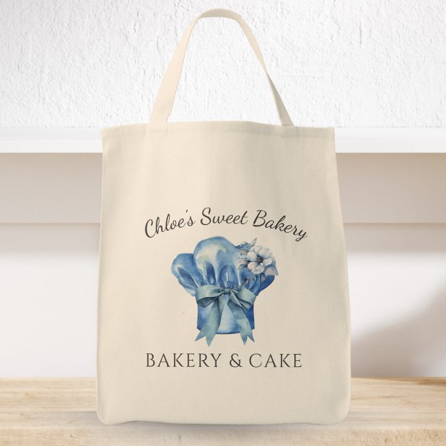 Watercolor Blue Chef Hat Name Bakery Tote Bag (Creator Uploaded)