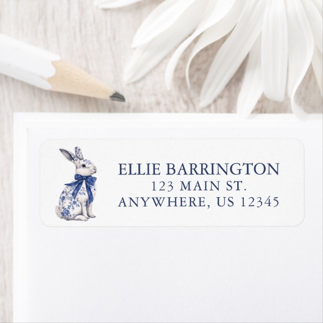 Watercolor Blue Chinoiserie Bunny Rabbit Address (Insitu)