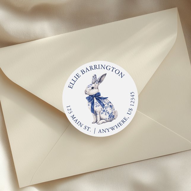 Watercolor Blue Chinoiserie Bunny Rabbit Address Classic Round Sticker (Creator Uploaded)