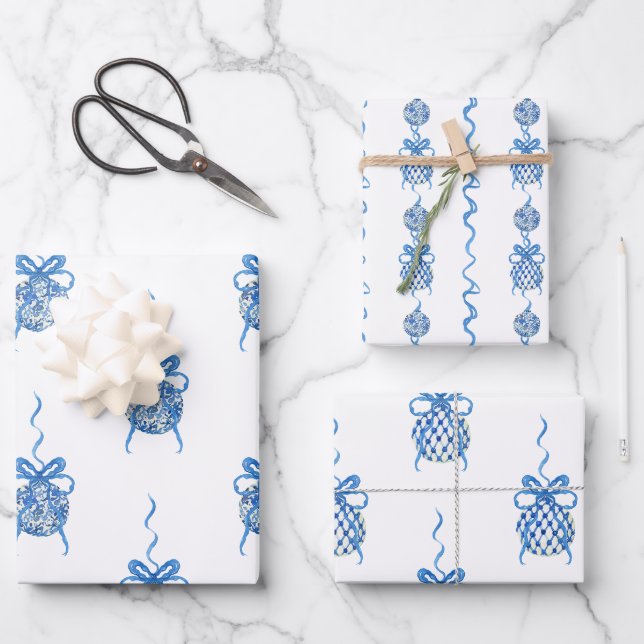 Watercolor Blue Chinoiserie Ornaments Christmas Wrapping Paper Sheet (Front)