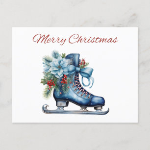Watercolor Blue Christmas Ice Skate with Ribbon Holiday Postcard