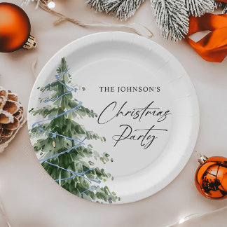 Watercolor Blue Christmas Tree Party Paper Plate