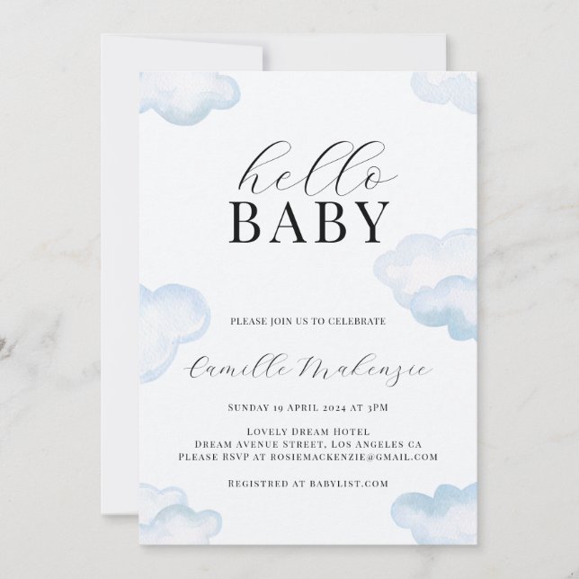 Watercolor Blue Cloud Baby Shower invitation (Front)