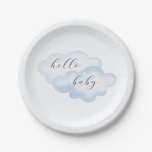 Watercolor Blue Cloud Baby Shower Paper Plate