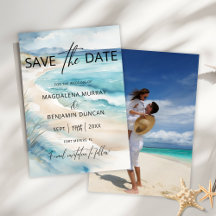 Watercolor Blue Coastal Seascape Wedding Photo