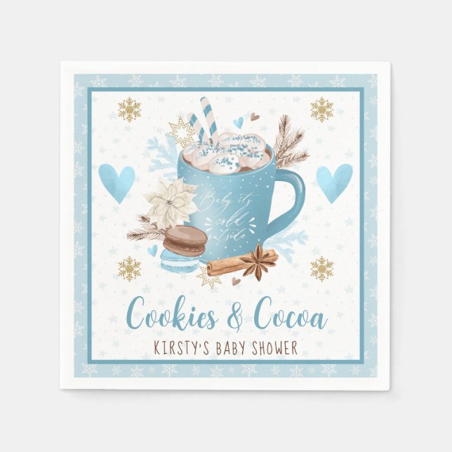 Watercolor Blue Cookies and Cocoa Baby Shower Napkin (Front)