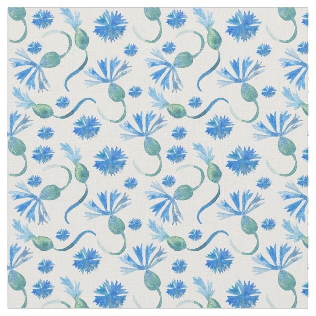 Watercolor blue cornflowers fabric (Close Up)