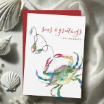 Watercolor Blue Crab Beach Christmas Card<br><div class="desc">Celebrate Christmas in July 2025 with this tropical watercolor holiday card featuring a charming blue crab design—perfect for coastal Christmas vibes! Set on a crisp white background, this beach Christmas card showcases original sea life artwork and the playful phrase "Seas and Greetings" in modern brush script. Personalize your message to...</div>