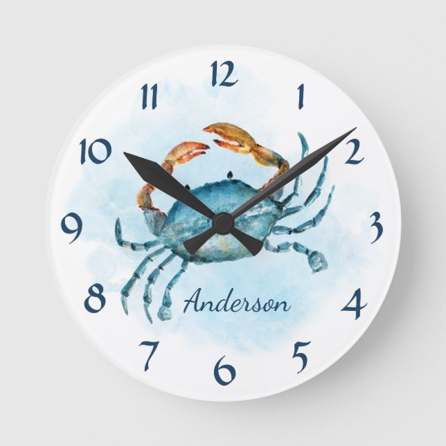 Watercolor Blue Crab Beach Coastal Personalized Round Clock (Front)