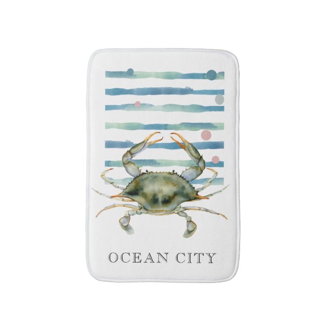 WATERCOLOR BLUE CRAB, BEACH TOWN, OCEAN CITY BATH MAT (Front Vertical)