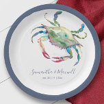 Watercolor Blue Crab Beach Wedding  Paper Plate<br><div class="desc">Designed to coordinate with Do Tell A Belle's Coastal Crab Wedding Suite this paper plate features a replica of my watercolor blue crab. Personalize with your names and wedding date. For any further customization or any other matching items, please feel free to message me. I am always happy to help....</div>
