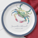 Watercolor Blue Crab Beach Wedding  Paper Plate<br><div class="desc">These nautical paper plates feature a stunning sand crab sea life watercolor design, inspired by the beauty of the ocean. A blue crab illustration adds a romantic seafood beach touch, perfect for a seaside rustic beach wedding or a Charleston casual aquarium celebration. Personalize with your names and wedding date for...</div>