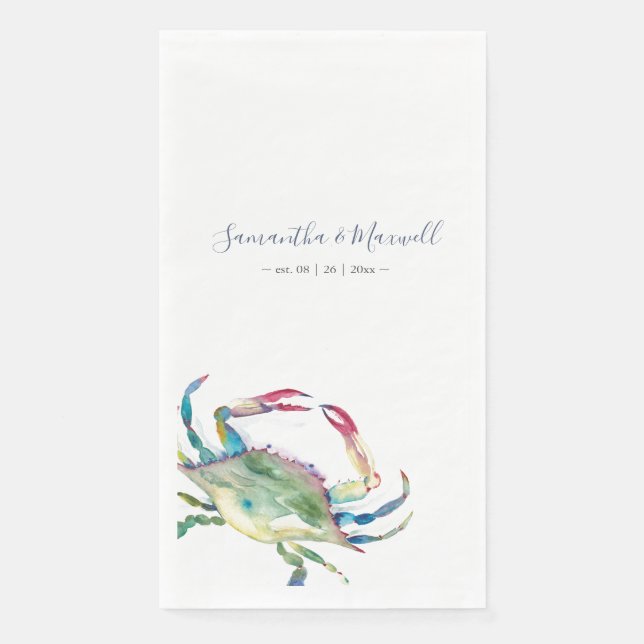 Watercolor Blue Crab Beach Wedding Personalized Napkin (Front)