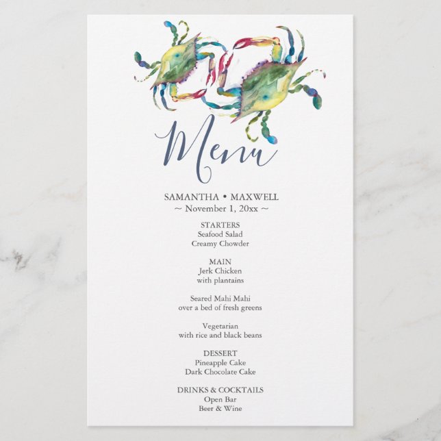 Watercolor Blue Crab Coastal Budget Menu (Front)