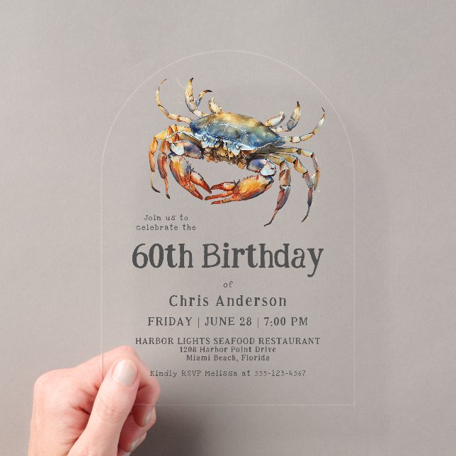 Watercolor Blue Crab Coastal Seafood 60th Birthday Acrylic Invitations (Insitu (Handheld))