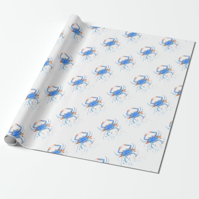 Watercolor blue crab paint splatter wrapping paper (Unrolled)