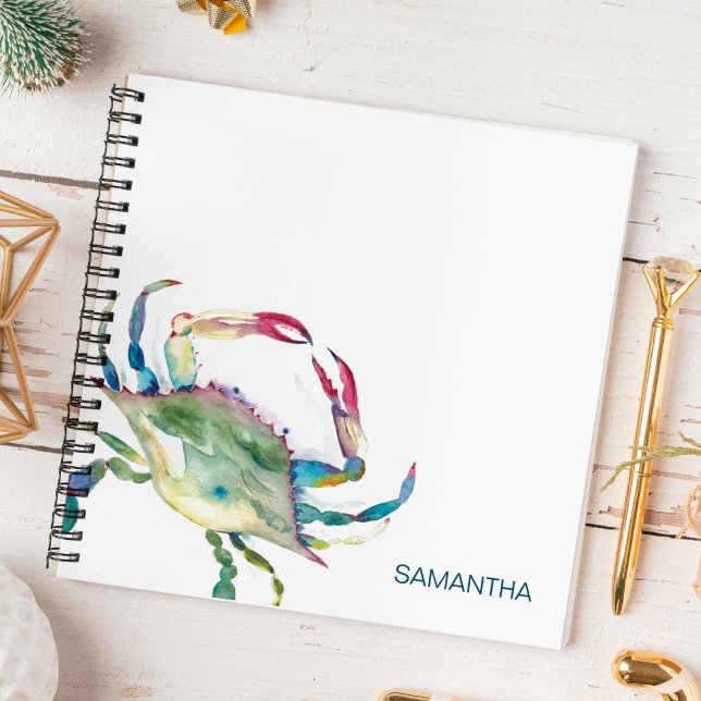 Watercolor Blue Crab Personalized Journalling Notebook (Personalized notebooks watercolor blue crab art by Victoria Grigaliunas Do Tell A Belle)