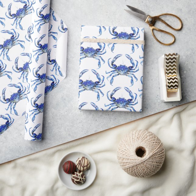 Watercolor Blue Crab Seaside Pattern Wrapping Paper (Crafts)