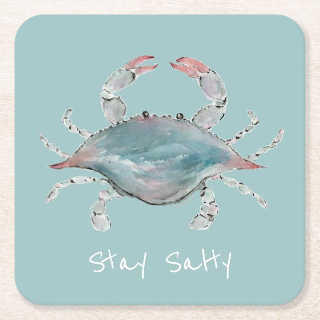 Watercolor Blue Crab Square Paper Coaster (Front)