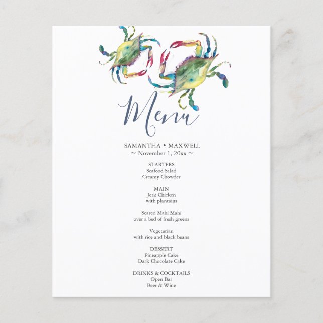 Watercolor Blue Crab Wedding Menu (Front)