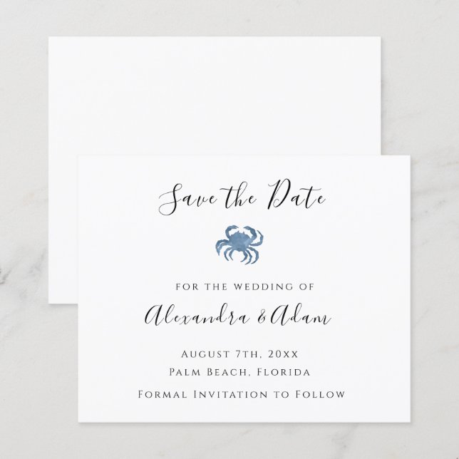 Watercolor Blue Crab Wedding Save the Date Cards (Front/Back)