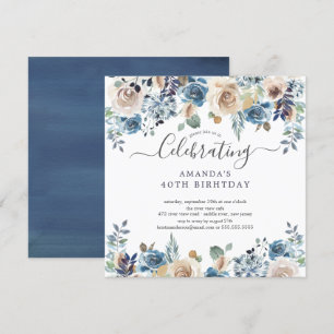 Watercolor Blue & Cream Floral Birthday Party Invi Invitation