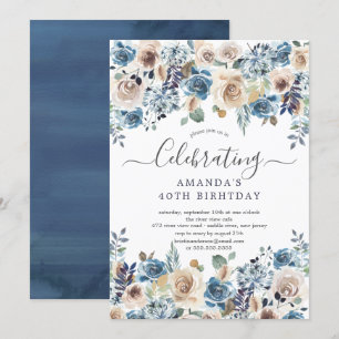 Watercolor Blue & Cream Floral Birthday Party Invitation