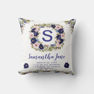 Watercolor Blue & Cream Flowers Wreath Baby Throw Pillow