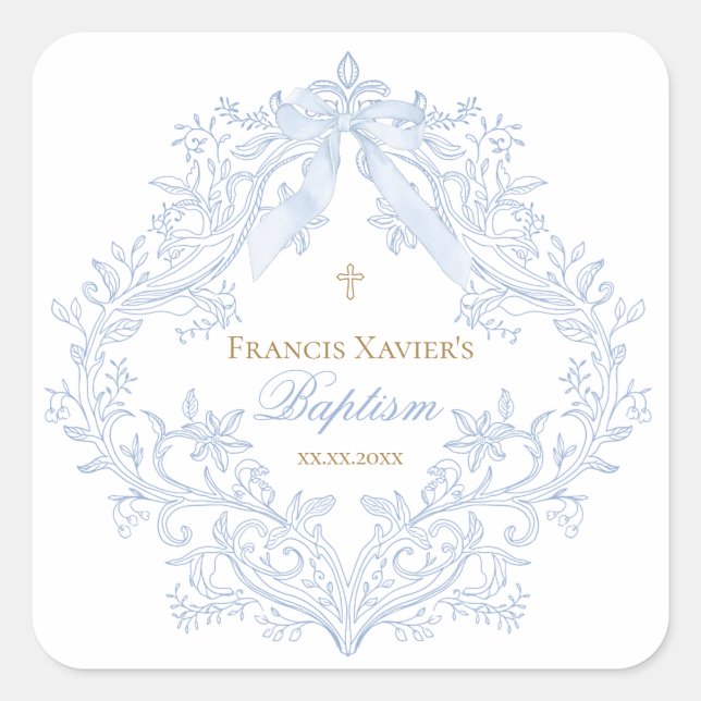  watercolor blue crest baby boy Baptism Square Sticker (Front)