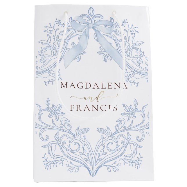  watercolor blue crest wedding medium gift bag (Front)