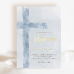 watercolor blue cross Baptism<br><div class="desc">real foil details Baptism invitation</div>