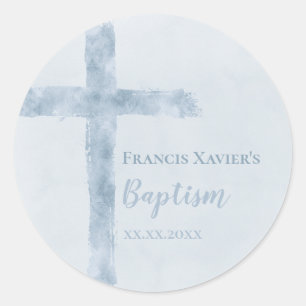 watercolor blue cross Baptism  Classic Round Sticker