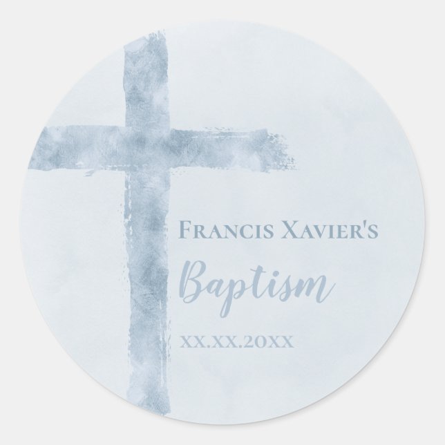watercolor blue cross Baptism  Classic Round Sticker (Front)