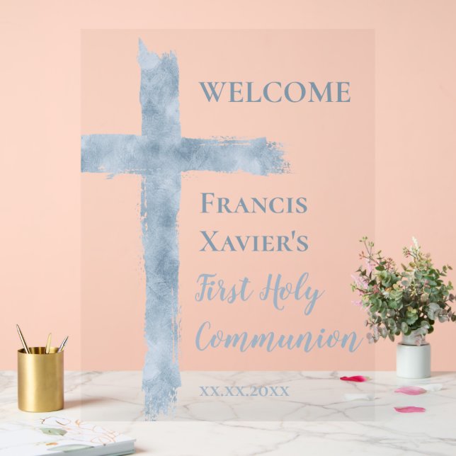 watercolor blue cross First Communion  Acrylic Sign (Wedding)