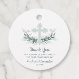 Watercolor Blue Cross Greenery Communion Favour Tags
