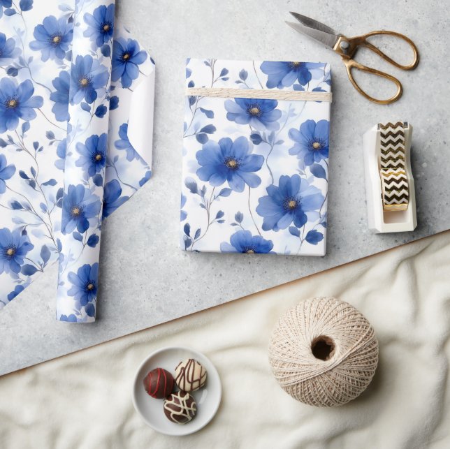 Watercolor Blue Daisy Pattern Wrapping Paper (Crafts)