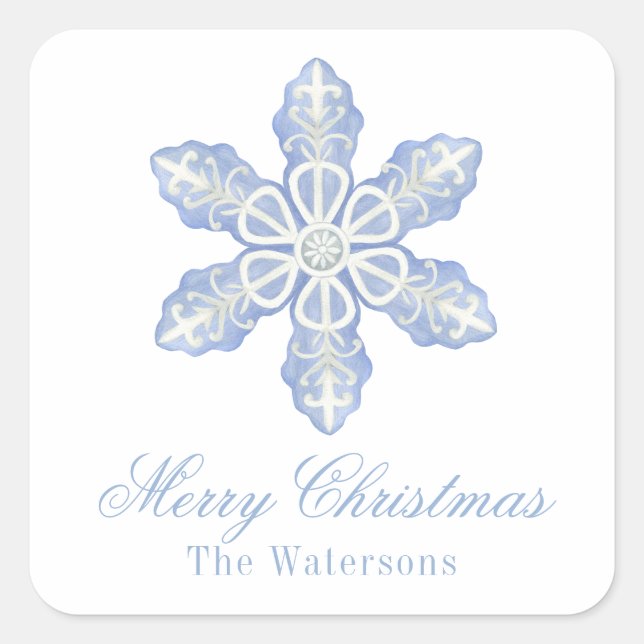 Watercolor Blue Designer Snowflake Square Sticker (Front)