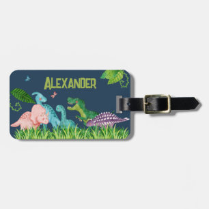 Watercolor Blue Dinosaur with Kids Name  Luggage Tag