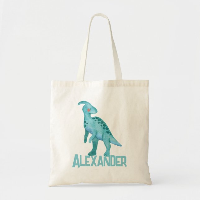 Watercolor Blue Dinosaur with Kids Name  Tote Bag (Front)